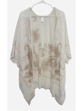 J Jill Embroidered Kimono S-L White Beige Open Front Cotton Boho Beach Coastal